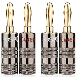 FosPower Bananenstekker High End luidspreker/banaanplug (2 paar / 4 stuks) 24K [verguld] banana’s voor luidsprekerkabel, wandplaat/hifi – (2 rood & 2 wit)