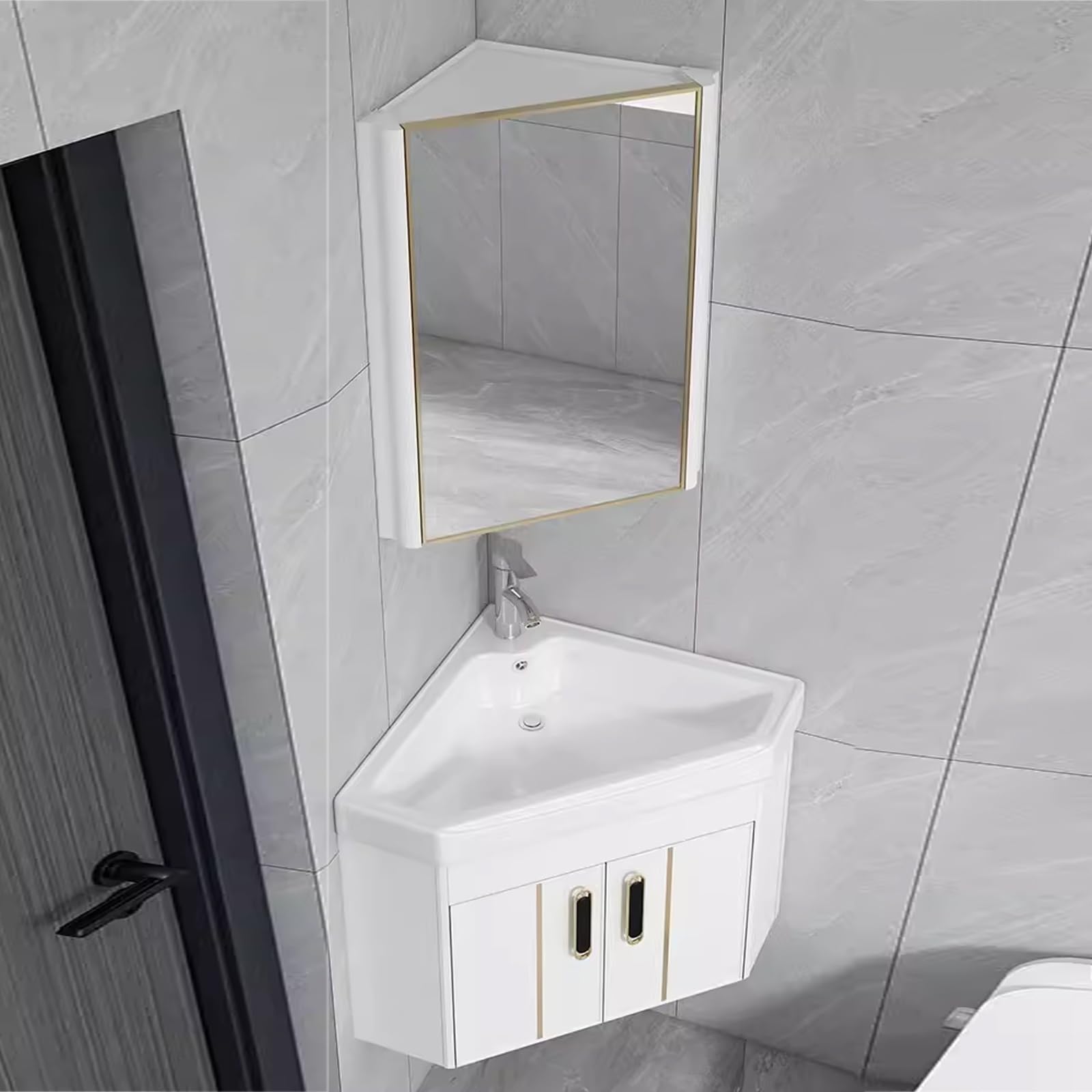 SGKOMN Corner Bathroom Vanity Cabinet and Sink, Bathroom Vanity with Sink and Mirror Cabinet, Wall Bathroom Sink Cabinet, for Small Space Wall Mounted Floating Cabinet, Bianco-43cm/17