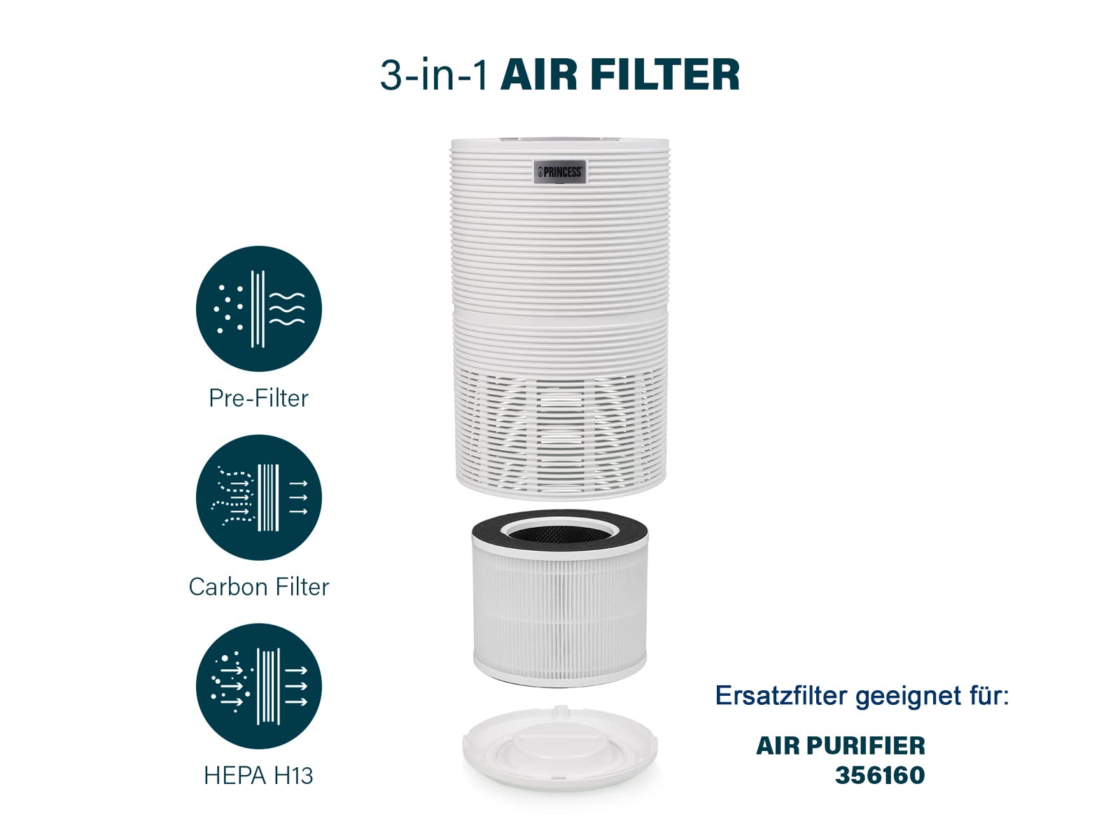 Princess 356160 Smart Luchtreiniger – CADR 160 m³/uur - Air Purifier - HEPA Filter H13 - App and Voice Control