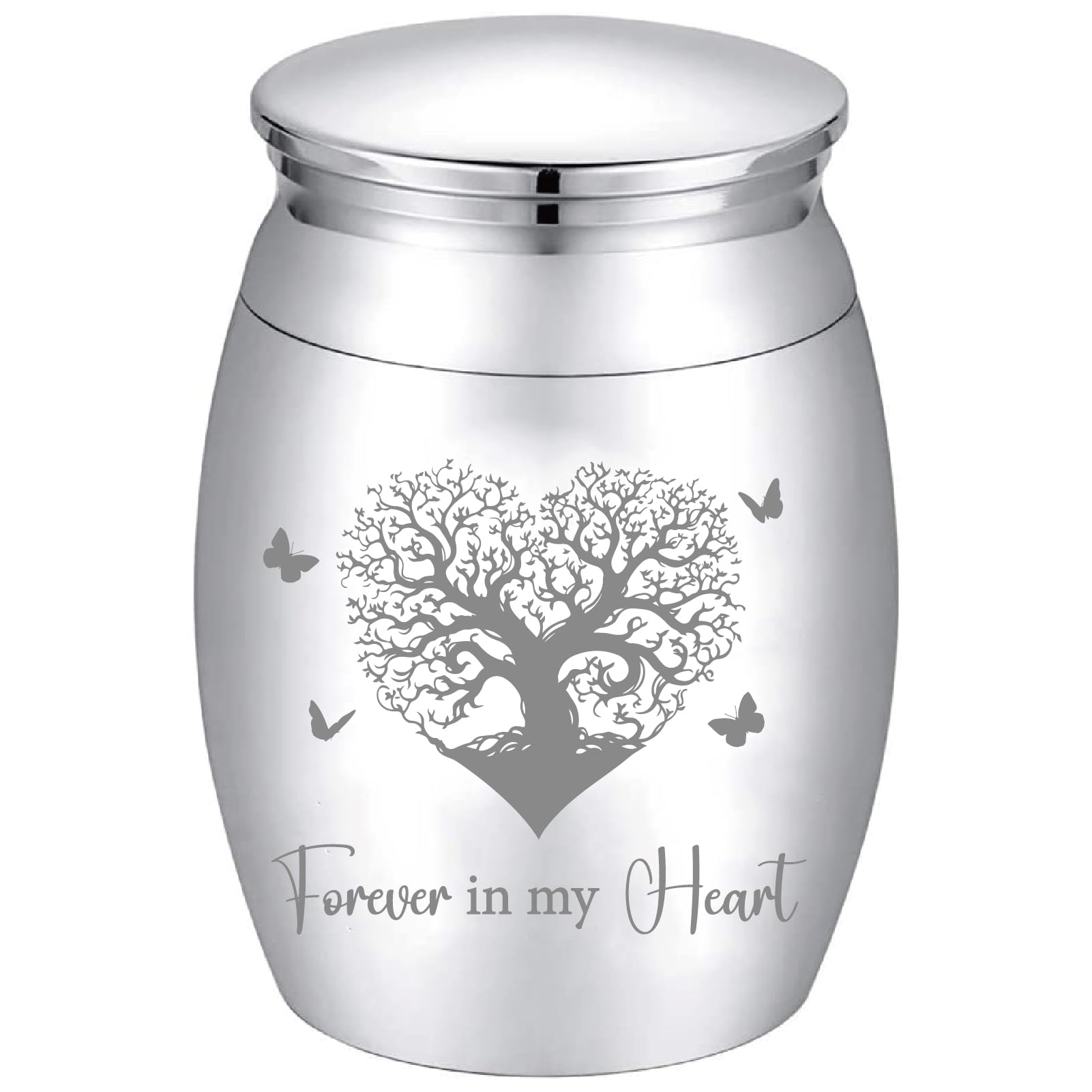 CREATCABIN Small Tree of Life Urn Forever in My Heart Urn Silver Metal Alloy Human Pet Memorial Butterfly Cremation Ashes Keepsake Holder Container with Bag Spoon Cloth for Funeral Burial 1.6" x 1.2"