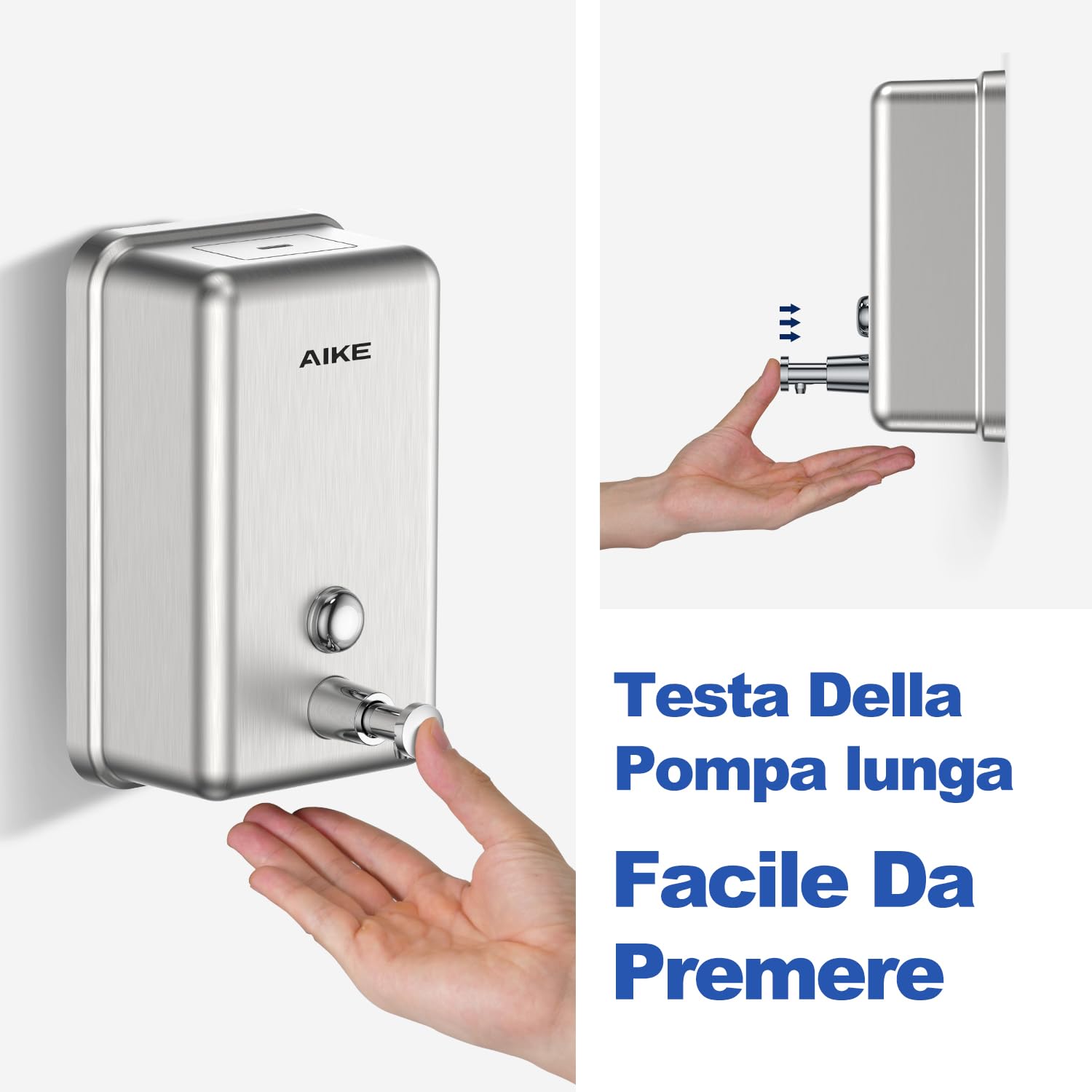 AIKE Distributore di Sapone in Acciaio Inossidabile, 1100ml a Muro, Strato Protettivo Antiruggine in ABS Integrato, Dispenser Liquido per Bagno Commerciale AK1003