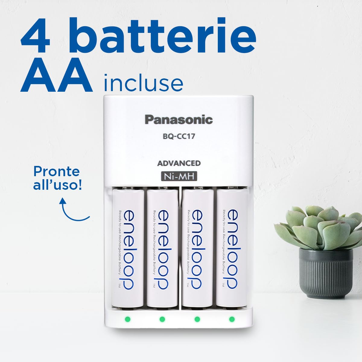 eneloop Caricabatterie Smart per Batterie AA/AAA Ni-MH, Include 4 Batterie AA 2000 mAh, 100-240V, Ricarica in 7 Ore