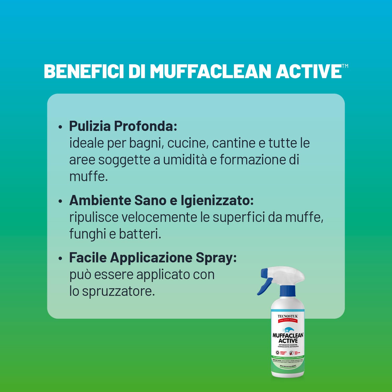 TECNOSTUK MuffaClean Active 1L. – Detergente Igienizzante Inodore ad Azione Rapida per Muffe e Funghi – Spray Professionale per Pareti e Soffitti Interni