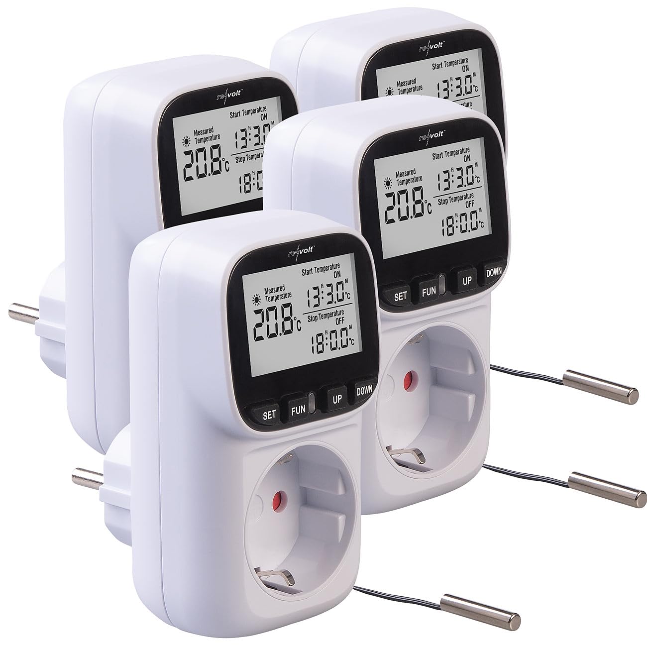 revolt Temperaturregler 230V: 4er-Set Digitale Steckdosen-Thermostate für Heiz & Klimageräte (Zeitschaltuhr Thermostat-Steckdose, Thermostat mit Fernfühler, Heizstrahler)