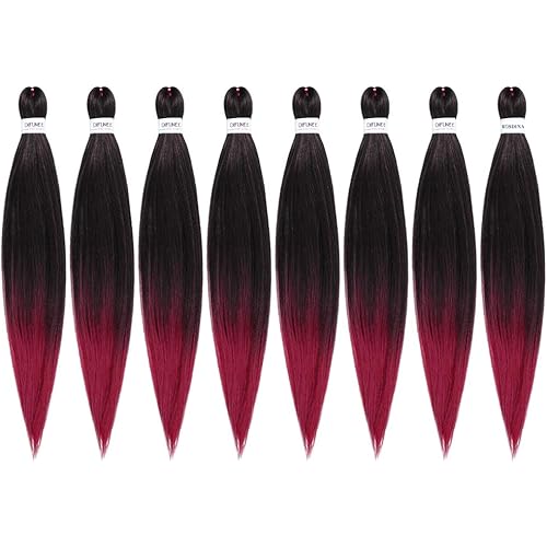 20"-8packs/lot Pre-stretched Braiding Hair Ombre Burgundy Yaki Texture Hot Water Setting Itch-Free Synthetic Fiber Crochet Braiding Hair Extension (20", 1B/Burgundy)