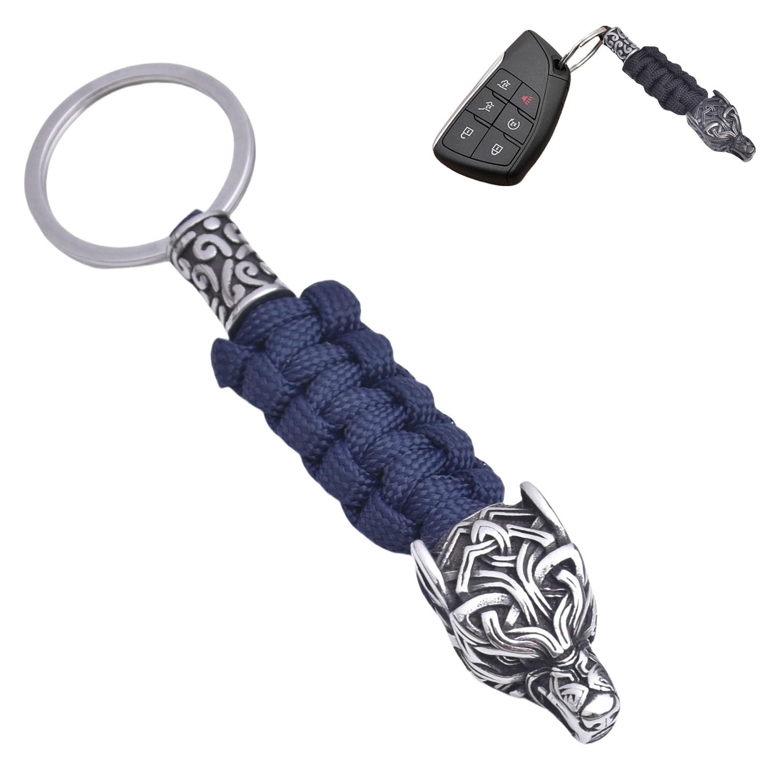 LDZDGD Viking Wolf Head Keychain for Men, Norse Stainless Steel Key Ring with Paracord, EDC Tactical Gift(Blue)