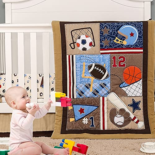 Image of Brandream Crib Bedding Sets for Boys Happy Friends and Family Time - Sport Baby Bedding Set | 3-Piece Nursery Set | Baby Quilt, Ball Crib Sheet, Crib Skirt Included