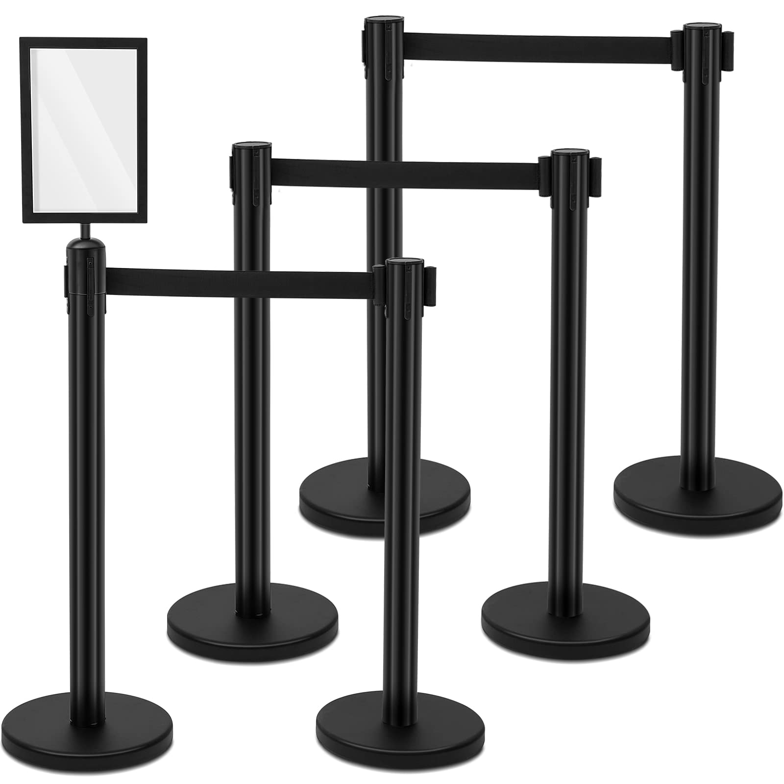 Therwen 6 Pack Heavy Duty Crowd Control Stanchions Stainless Steel Stanchion Set with 6 Safety Barrier Post with Retractable Belt and 1 Sign Holder Crowd Control Barrier (Black,16 ft)