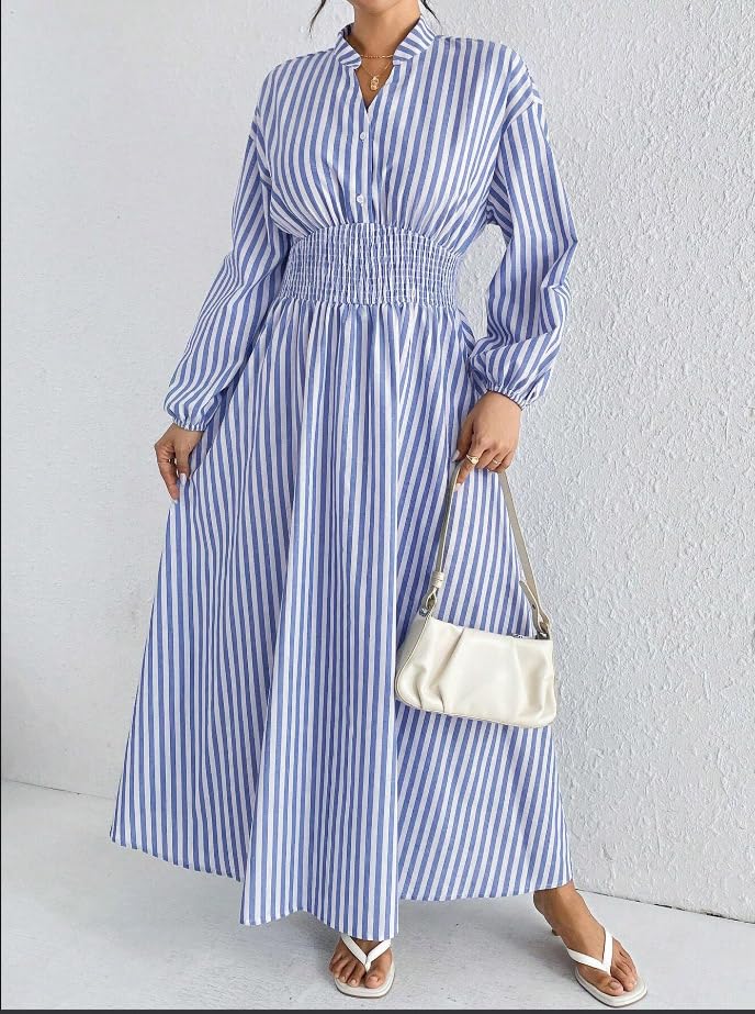utcoco Women's Beach Boho Striped Smocked Waist Maxi Dress Long Sleeve A-Line Swing Long Dresses2