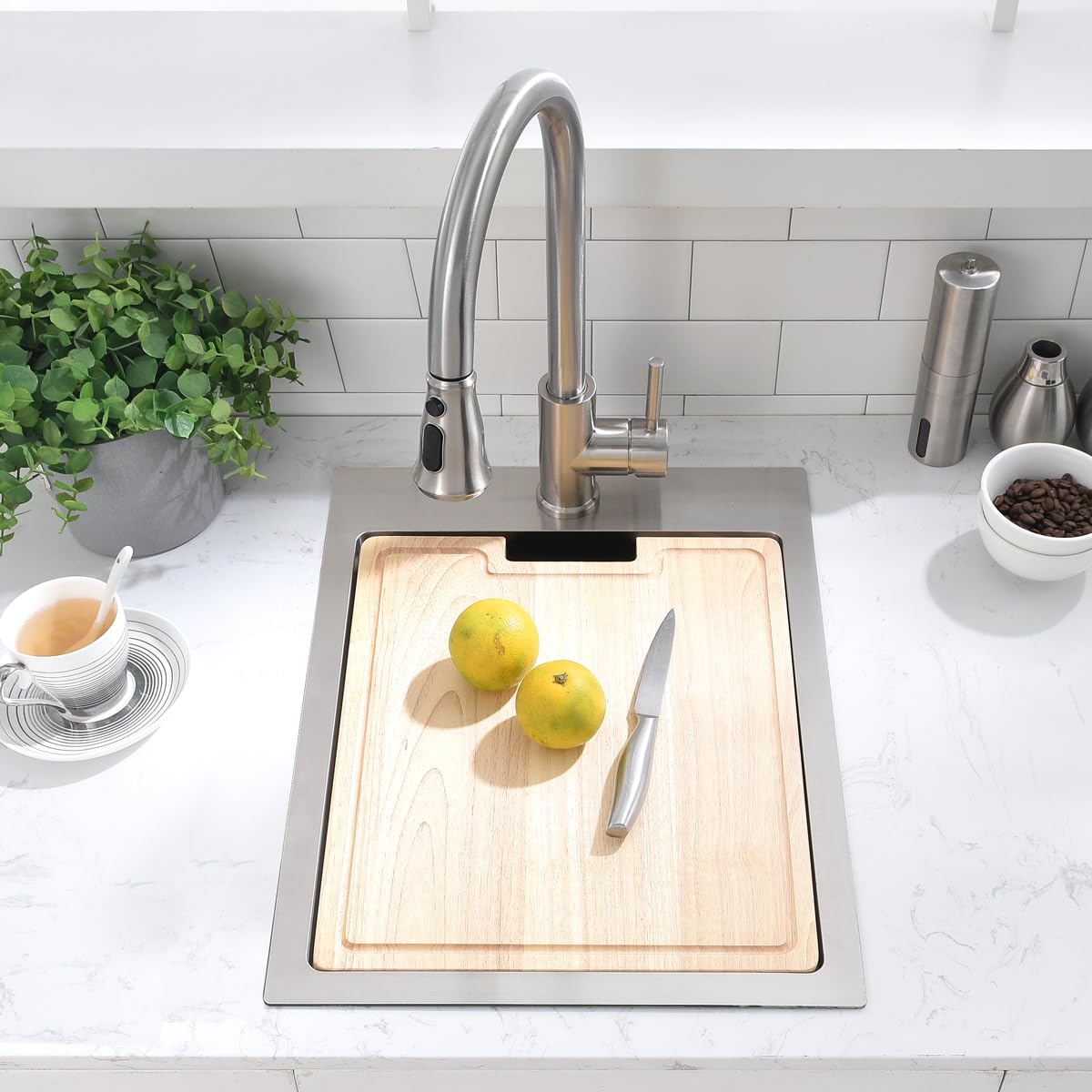 15-Inch Drop in Kitchen Sink Small Bar Prep Stainless Steel - VOKIM 15 x 20x 9 inch Single Bowl Workstation Sink 16 Gauge Stainless Steel 9'' Deep Handmade Kitchen Sink with Cutting Board& Strainer