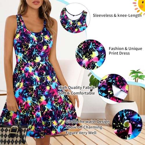 Image of uideazone Women Funny Print Sleeveless U Neck A Line Casual Midi Dress | Soft Stretchy Breathable Fabric Flared Swing Sundress Fitted Waist for Daily Wear 80 /90s Themed Party Beach Vacation Trips