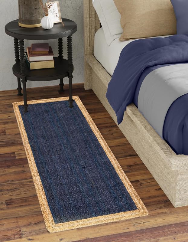 Alfombra de yute trenzada Aizza Trends de 2.6 x 12 pies, tapete azul marino hecho a mano
