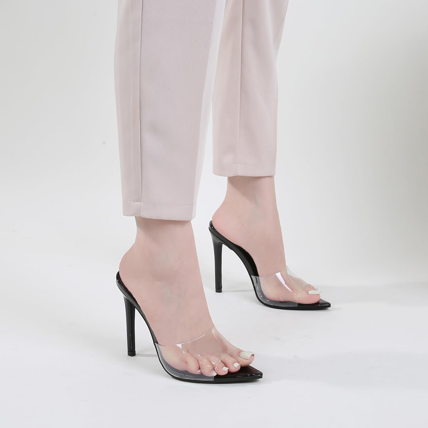 Women Clear Pointed Toe Sandals Stiletto Heels Transparent Strap High Heels Slip on Mules for Women - Image 9