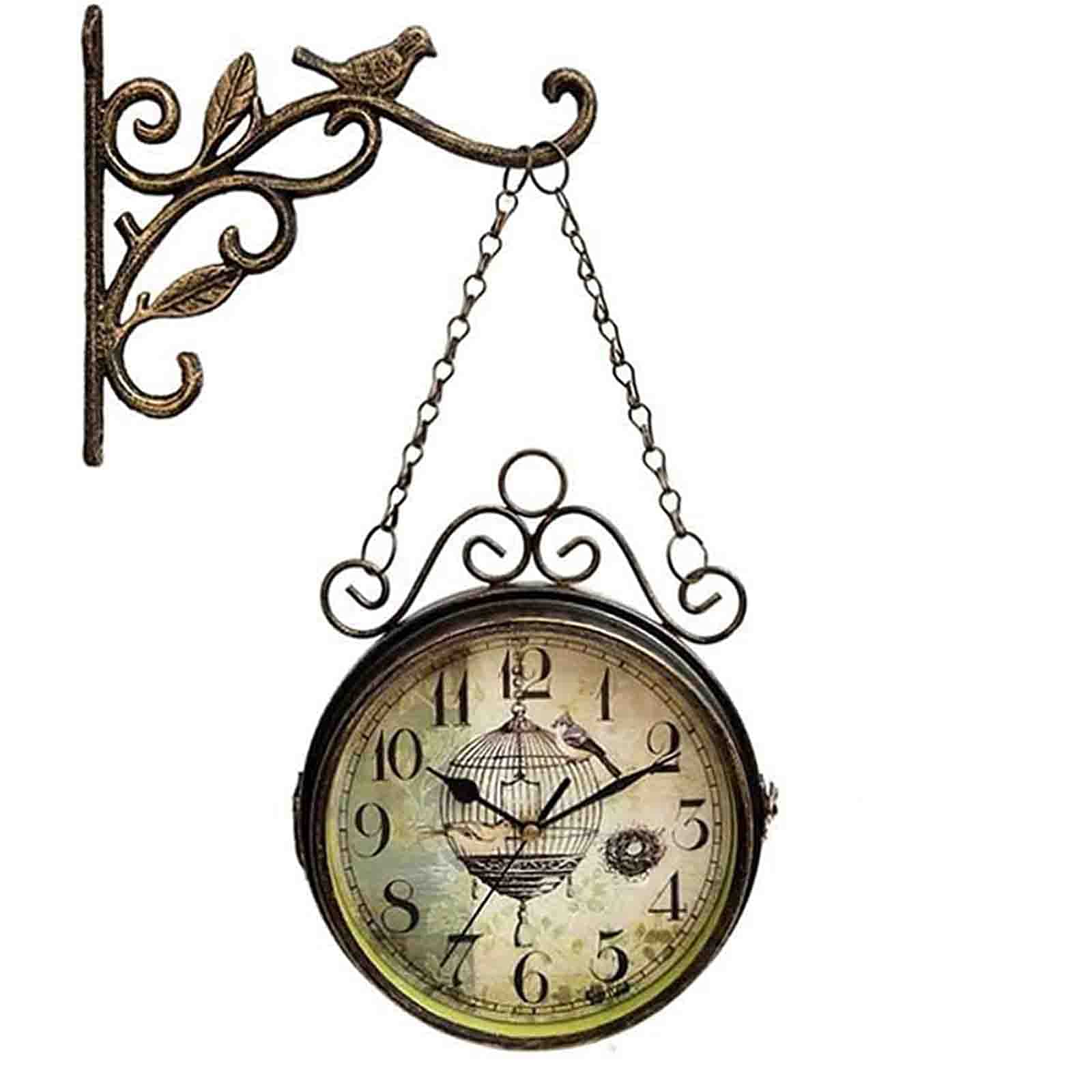 SaryEdge Retro Double Sided Wall Clock Large Silent European Iron Vintage Two Faces Innovative Classic Wall Hanging Clocks with Bird Finial, Quiet R,