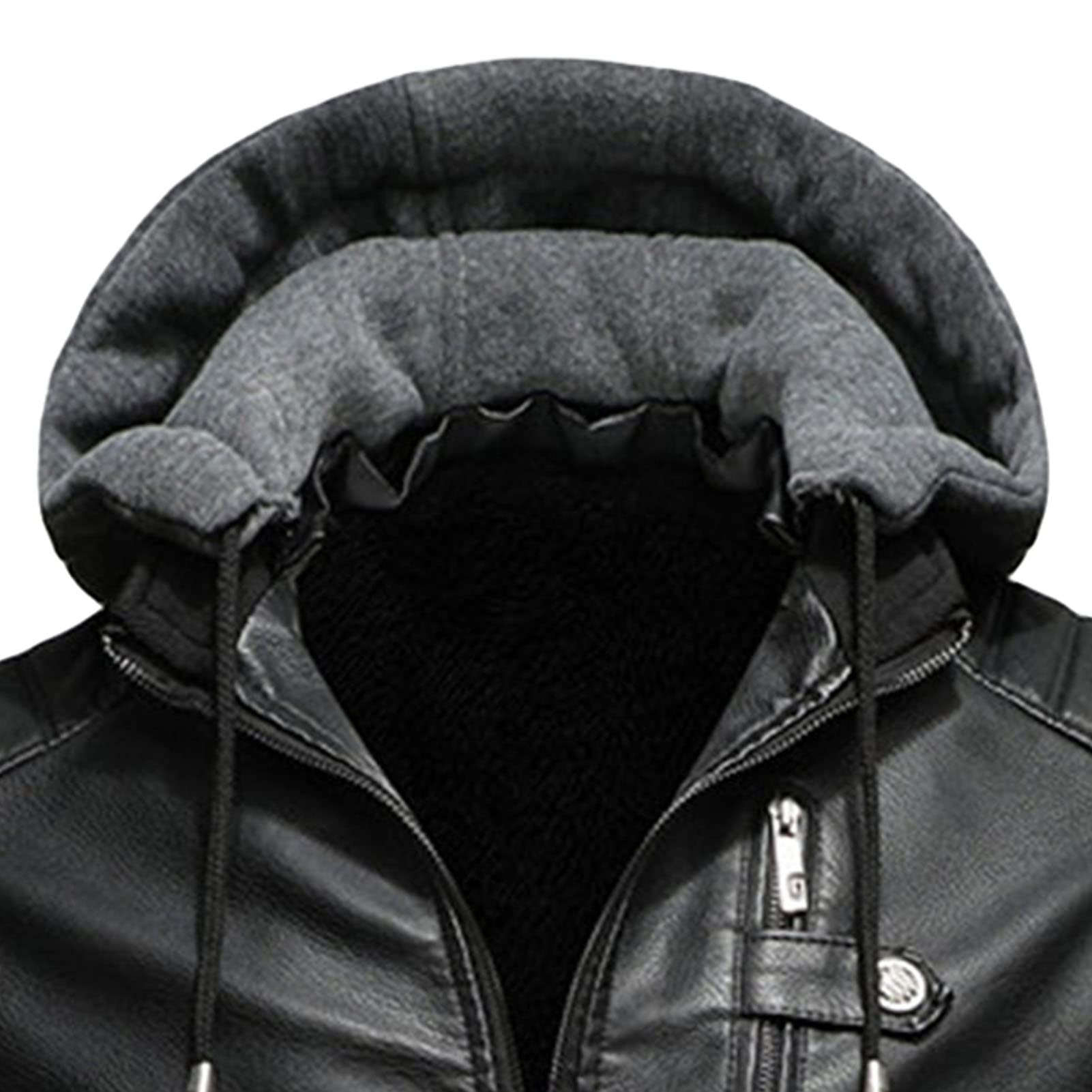 Maiyifu-GJ Men's Faux Leather Hooded Jacket Vintage PU Moto Windproof Hoodie Coat Winter Warm Fleece Lined Motorcycle Jacket (Black,Large)
