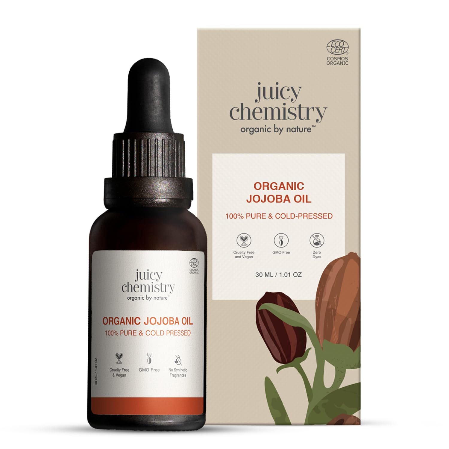 Juicy Chemistry Organic Jojoba Oil, 30 Ml | 100% Pure, Cold Pressed & Virgin | Carrier Oil For Skin, Hair & Cuticles | Naturally Rich In Vitamin E & Ceramides | Deeply Moisturising Anti-Ageing Oil
