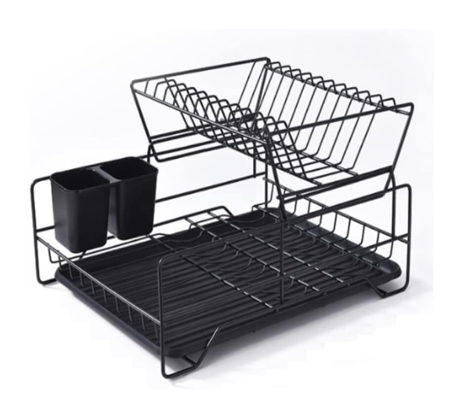Portastoviglie con sgocciolatoio, Set scolapiatti a 2 livelli con cestello for posate, organizer da cucina in acciaio, nero(A)