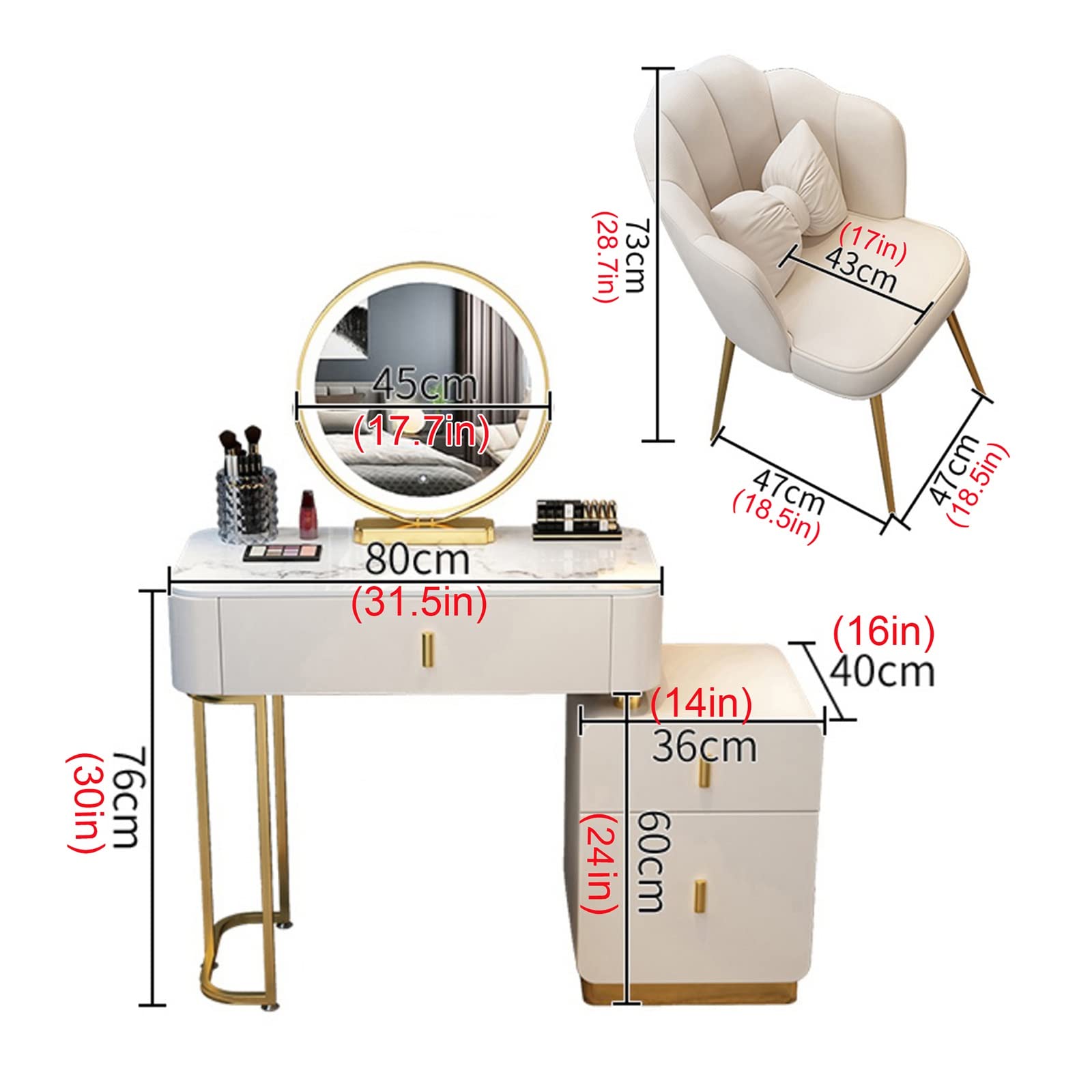 Vanity moderno per il trucco con luci, grande tavolo da toeletta regolabile con illuminazione a 3 colori, elegante design grigio, include comodino mobile e sgabello in peluche, perfetto per gli amanti