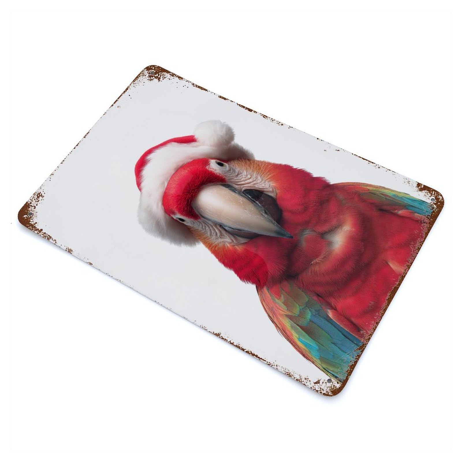Rust Effect Festive Scarlet Macaw Parrot with Santa Hat Vintage Rust Metal Sign 11.8"x7.9", Classic Wall Plaque for Shed, Workshop And Garage Wall Decor