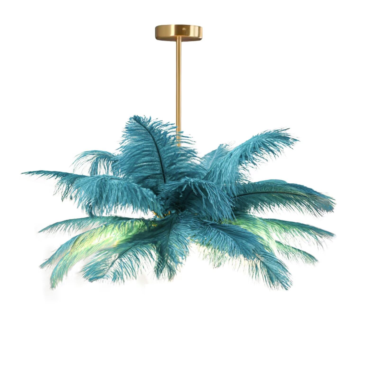 GUANSHAN Creative Peacock Blue Ostrich Feather Ceiling Lamp, Romantic and Aesthetic Feather Chandelier Pendant Lamp with Golden Base for Bedroom, Living Room, Corridor â image 1