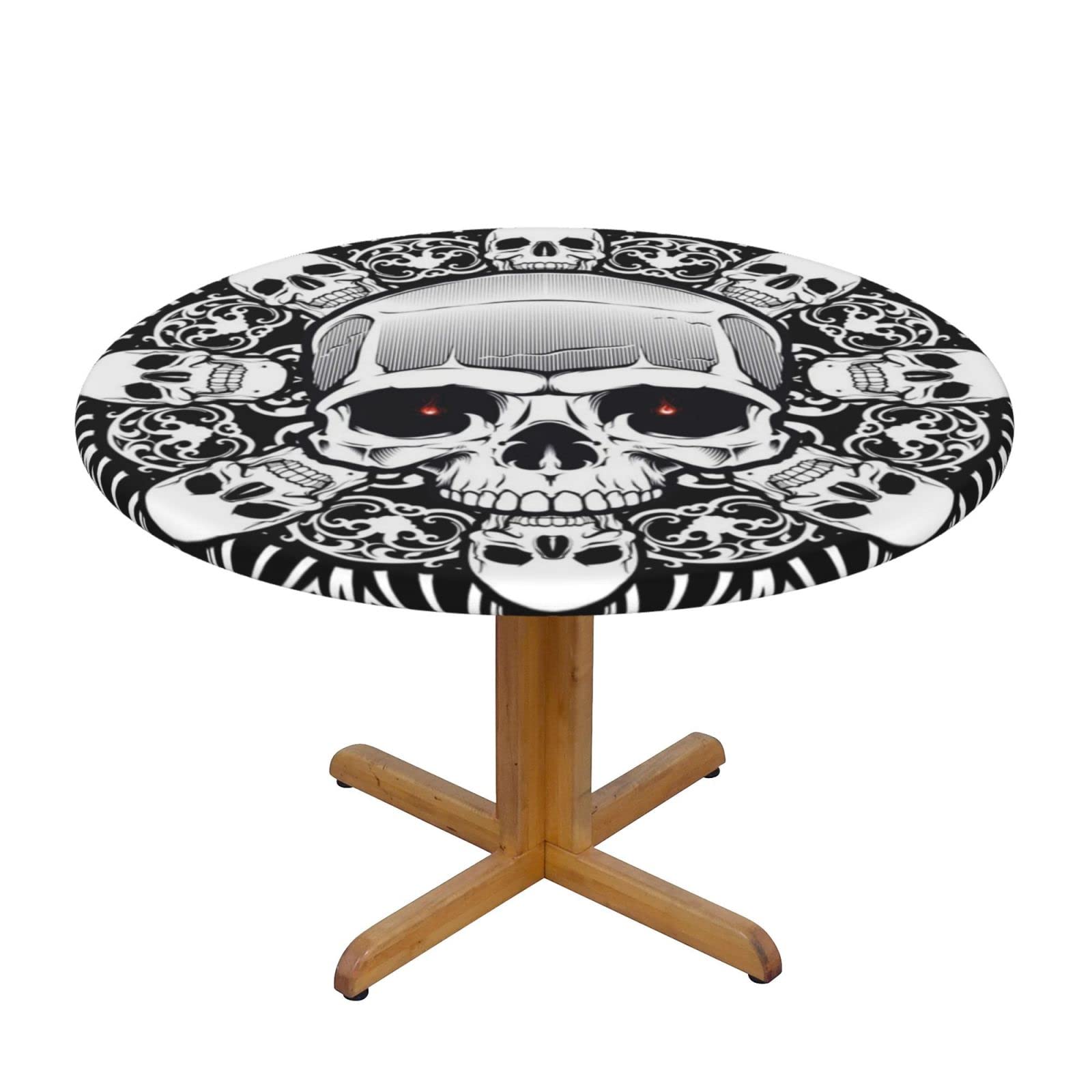 Lsjuee Round Fitted Tablecloth 45-50in Elastic Edged Table Cloth for Kitchen Dining Party Home Decor - Skull Over Mandala Death White