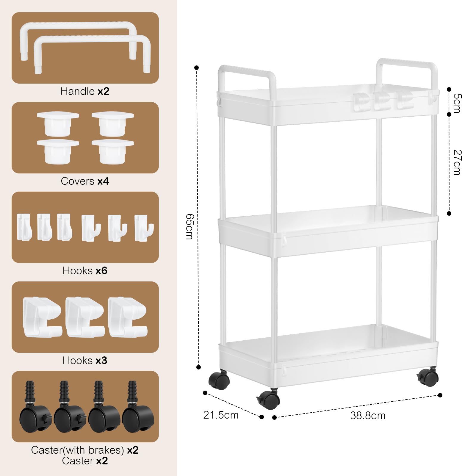 FoiiLiio Carrello Cucina a 3 Ripiani,Carrellino con Ruote Portatutto,Carrello Scorrevole,Organizzatore di Stoccaggio Carrello,Portaoggetti Multifunzionale per Bagno,Ufficio,Bianca