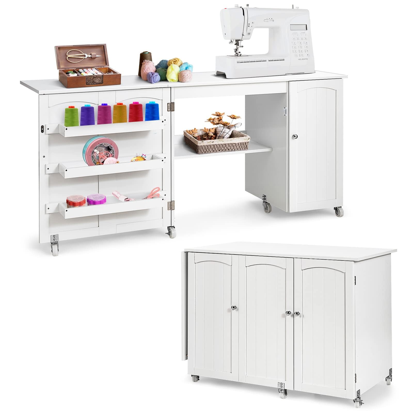 COSTWAY 2 in 1 Nähtisch Nähschrank klappbar, Nähmaschinentisch mit Arbeitsplatte, Ablagen & Türschrank, Mobiler Schreibtisch mit abschließbaren Rollen, Basteltisch Nähmöbel, 158x50x75cm (Weiß)