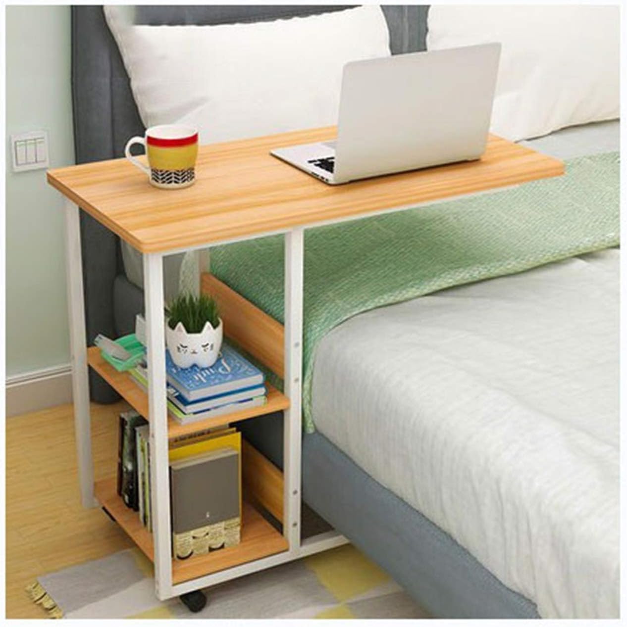車輪付きオーバーベッドテーブル 2段 ブックストレージシェルフ モバイルノートパソコン コンピュータスタンド デスク テレビトレイ 