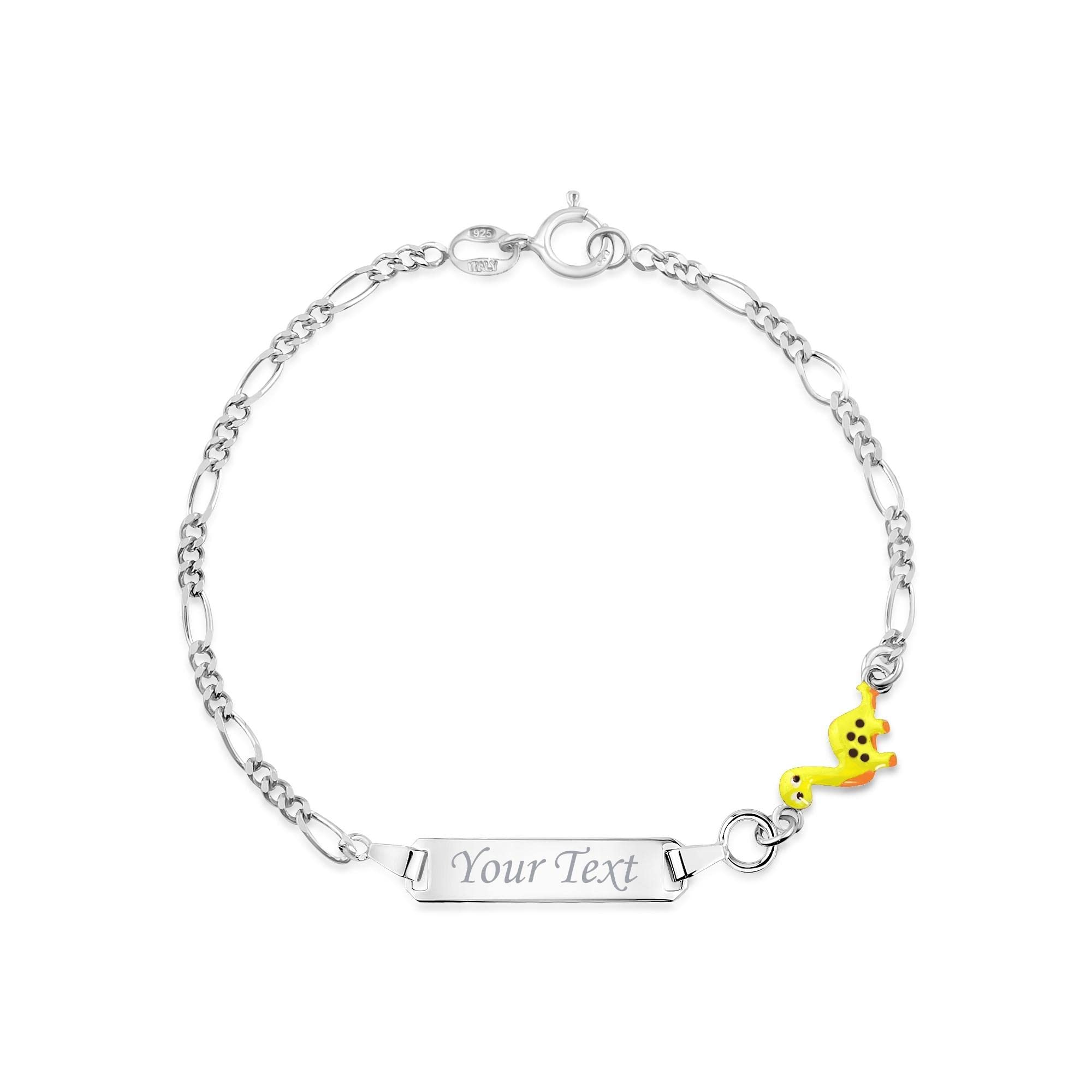 UNICORNJ 925 Italy Sterling Silver Child or Baby Name Bracelet Girls Boys, Personalized Engraved Kids ID Bracelets, 6.5" Figaro Chain, Enamel Charm Newborn Infant Toddler Kid Jewelry