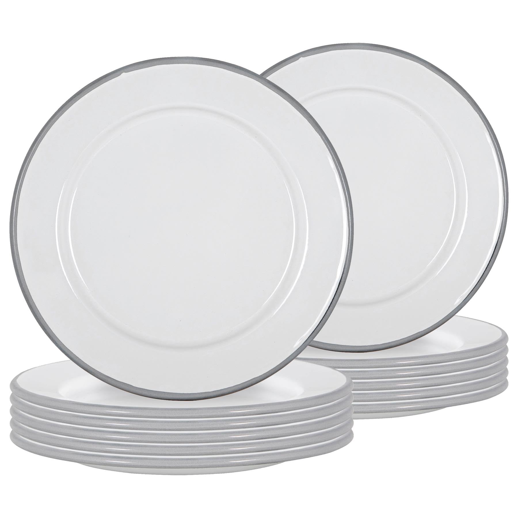 Argon Tableware Enamel Side Plates - 20cm (8inch) - Grey - Set of 12 Small Dish Coloured Rim Dessert Plates Metal Enamel Tableware Dinner Set for Kitchen, Dining, Serving, Camping & Outdoor Use