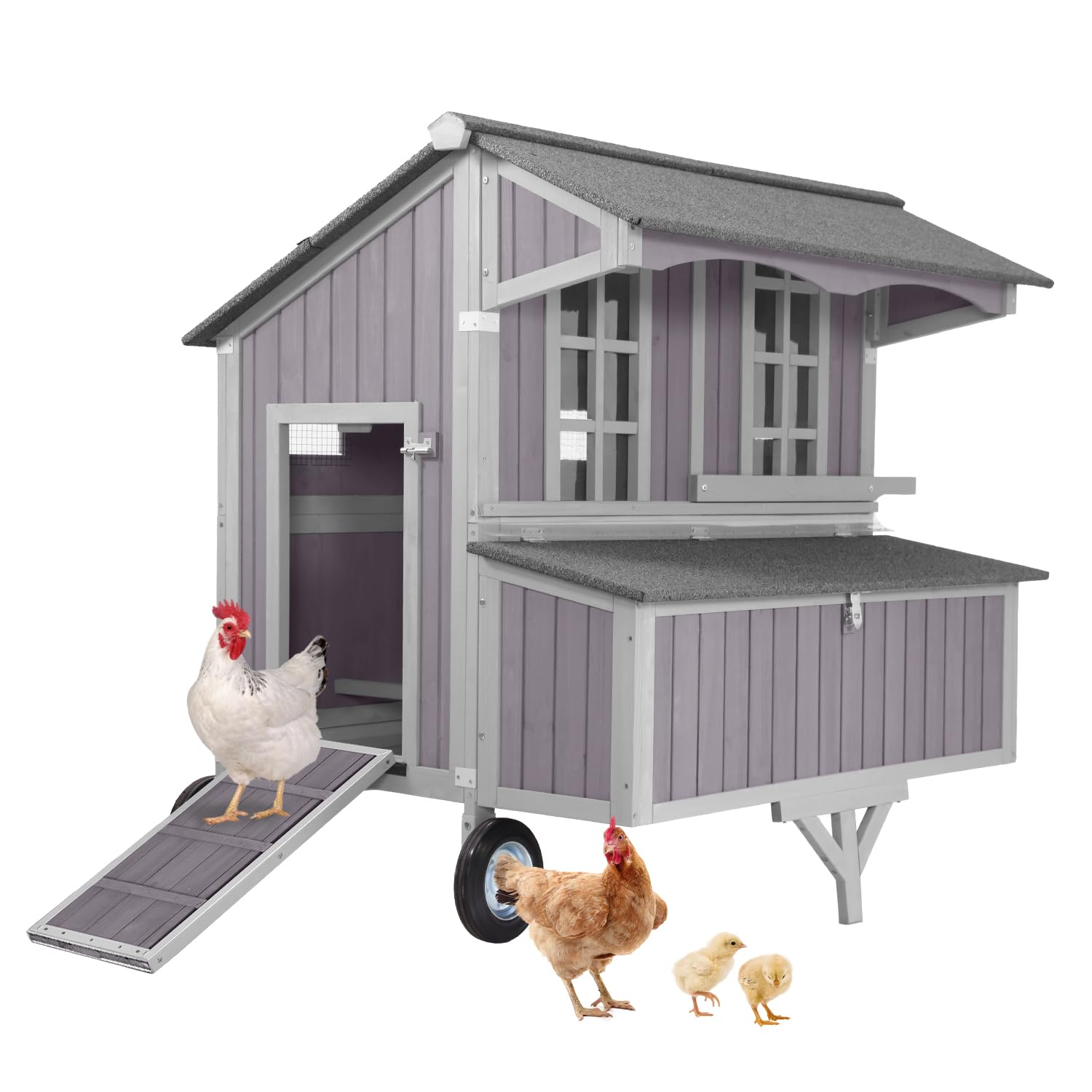 Outdoor Chicken Coops with Large Wheels,Wooden Hen House with 3 Nesting Boxes Leak Proof Pull-on Tray and UV-Resistant Roof Panel