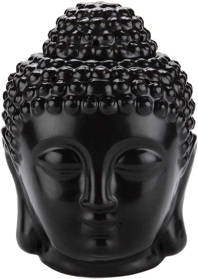 Tvoip 1PCS Ceramic Buddha Head Essential Oil Burner with Candle Spoon, Aromatherapy Wax Melt Burners Oil Diffuser Tealight Candle Holders Buddha Ornament for Yoga Spa Home Bedroom Decor Gift (Black)