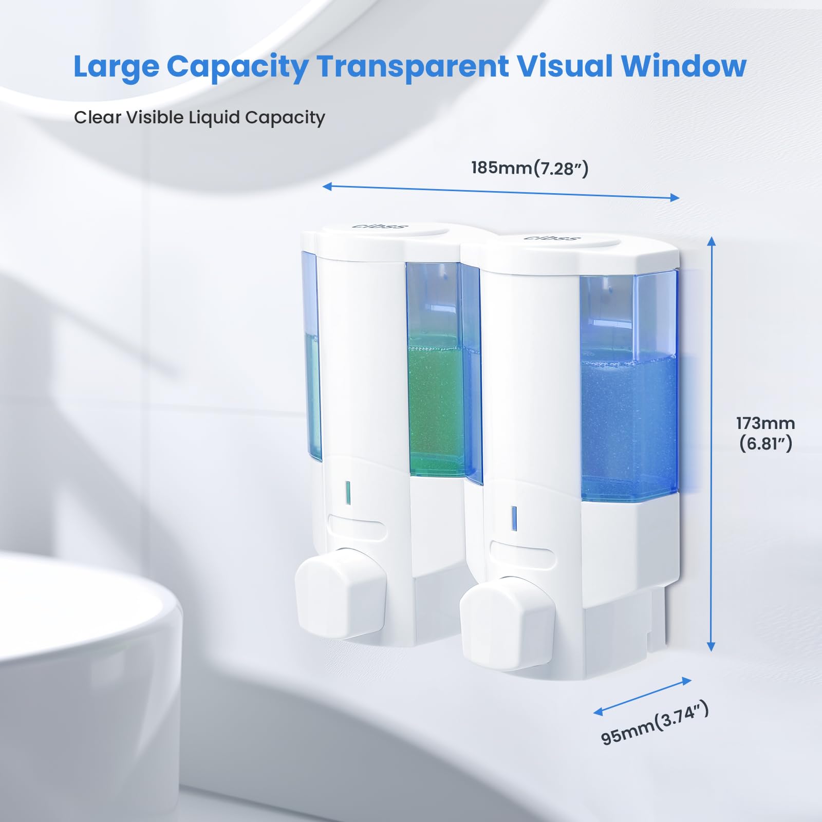 Dispensador de jabón de ducha, 2 cámaras de 350 ml, 2 dispensadores de champú y acondicionador, sin taladro, dispensador de champú montado en la pared para ducha, dispensador de ducha montado en la