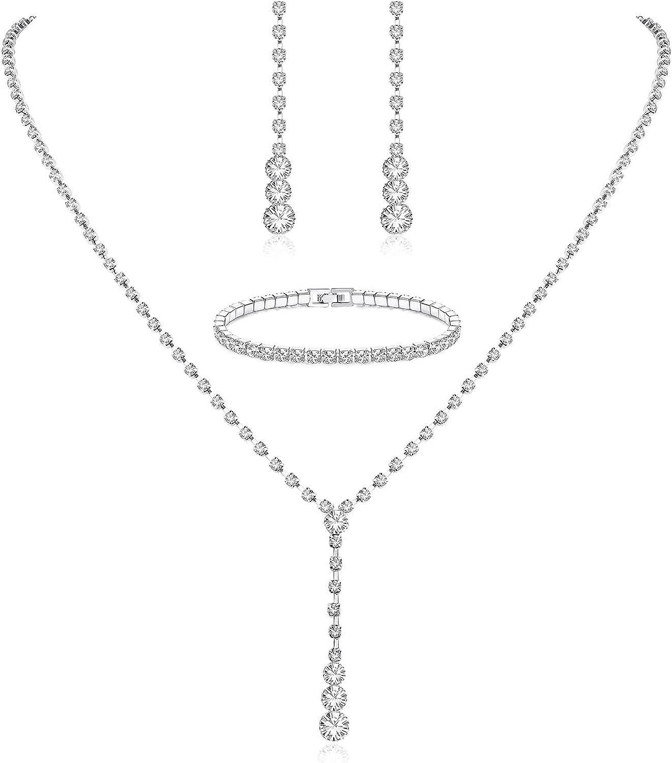 Diamday Plata Novia Joyas Juego Rhinestone Collar Colgante Pendientes Pulsera Set Boda Joyas Juegos para Novias Dama de Honor Brillante Cristal Prom Disfraces Joyería Accesorios para Mujeres Niñas