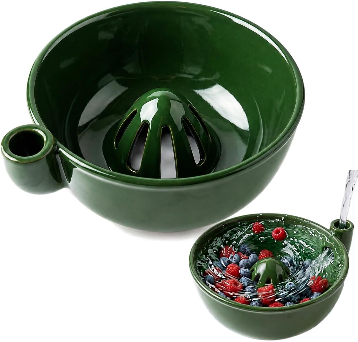 Ceramic Self Spinning Berry Washing Bowl, Vortex Fruit Washer Spinner with Drain Holes & Center Cone, Swirling Fruit Cleaner Bowl for Kitchen Counter Serving Berries Strawberries