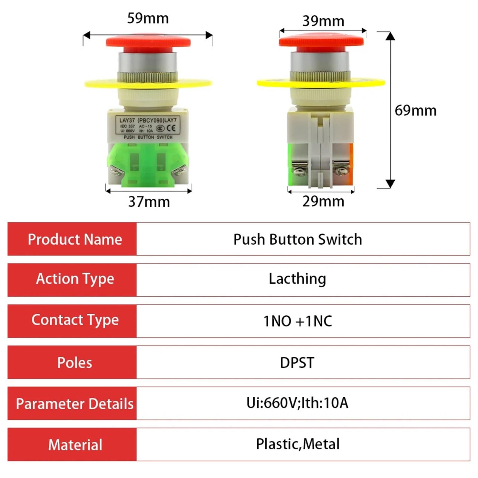 Interruptor pulsador de parada emergencia DPST, 1NO, 1NC, CA 660 V, 10 A, for ascensores, con enclavamiento y autobloqueo, 1 unidad