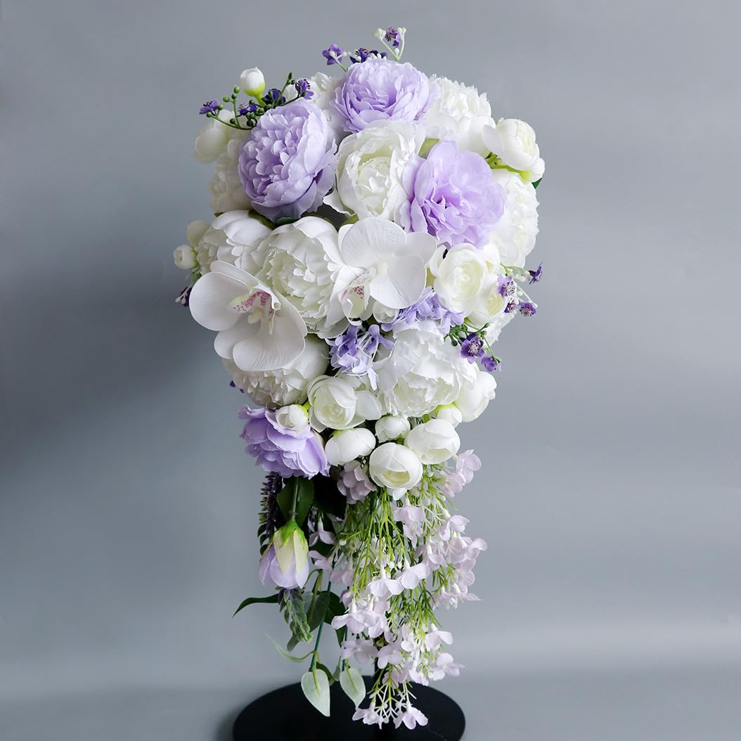 Bouquet da sposa a cascata, orchidea viola, fiori artificiali da sposa, composizione di ortensie, calle Picasso, glicine, dendrobium blu - Italia