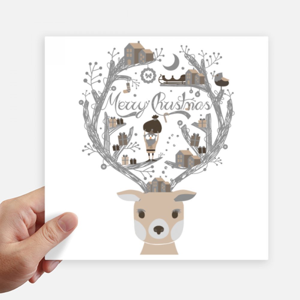 Autocollant Père Noël cerf maison de 20cm - Sticker carré multicolore mur et ordinateur portable