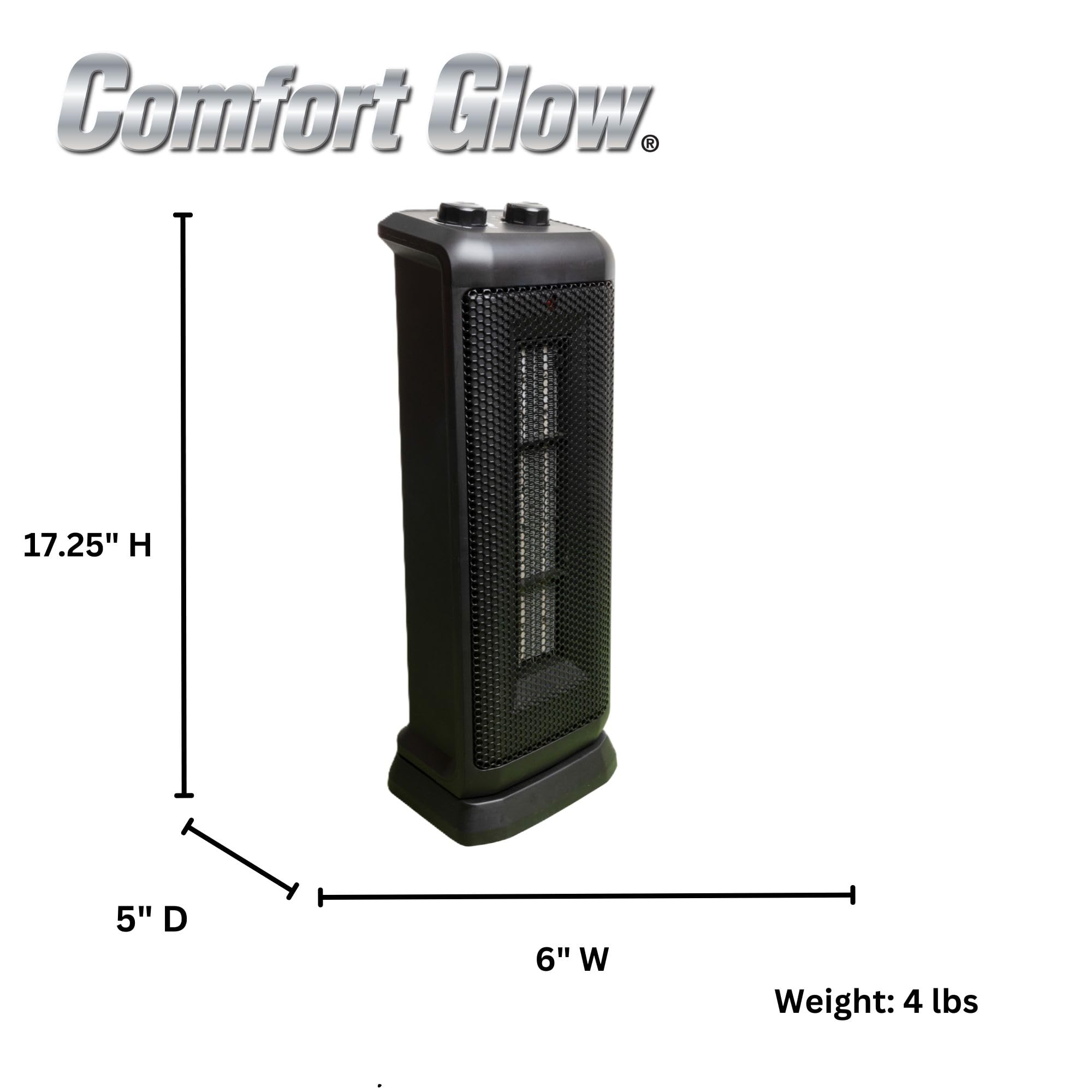 Comfort Glow Oscillating Ceramic Tower Heater, 750W/1500W, Portable with Thermostat, Safety Shut Off, Heats Up To 400 Sq. Ft. - Indoor Oscillating Space Heater for Home, Bedroom, Office