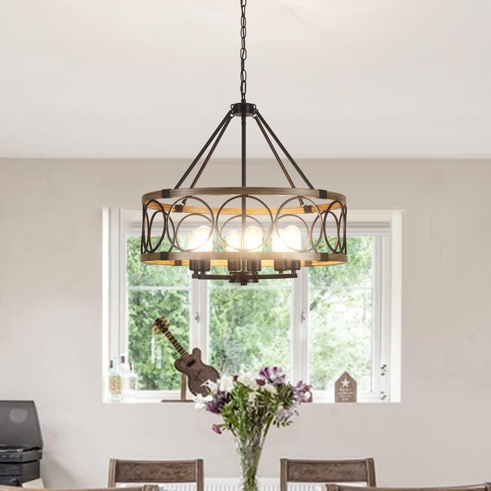 Farmhouse Chandelier 6 Lights 21.65” Drum Large Black Chandelier Light ...