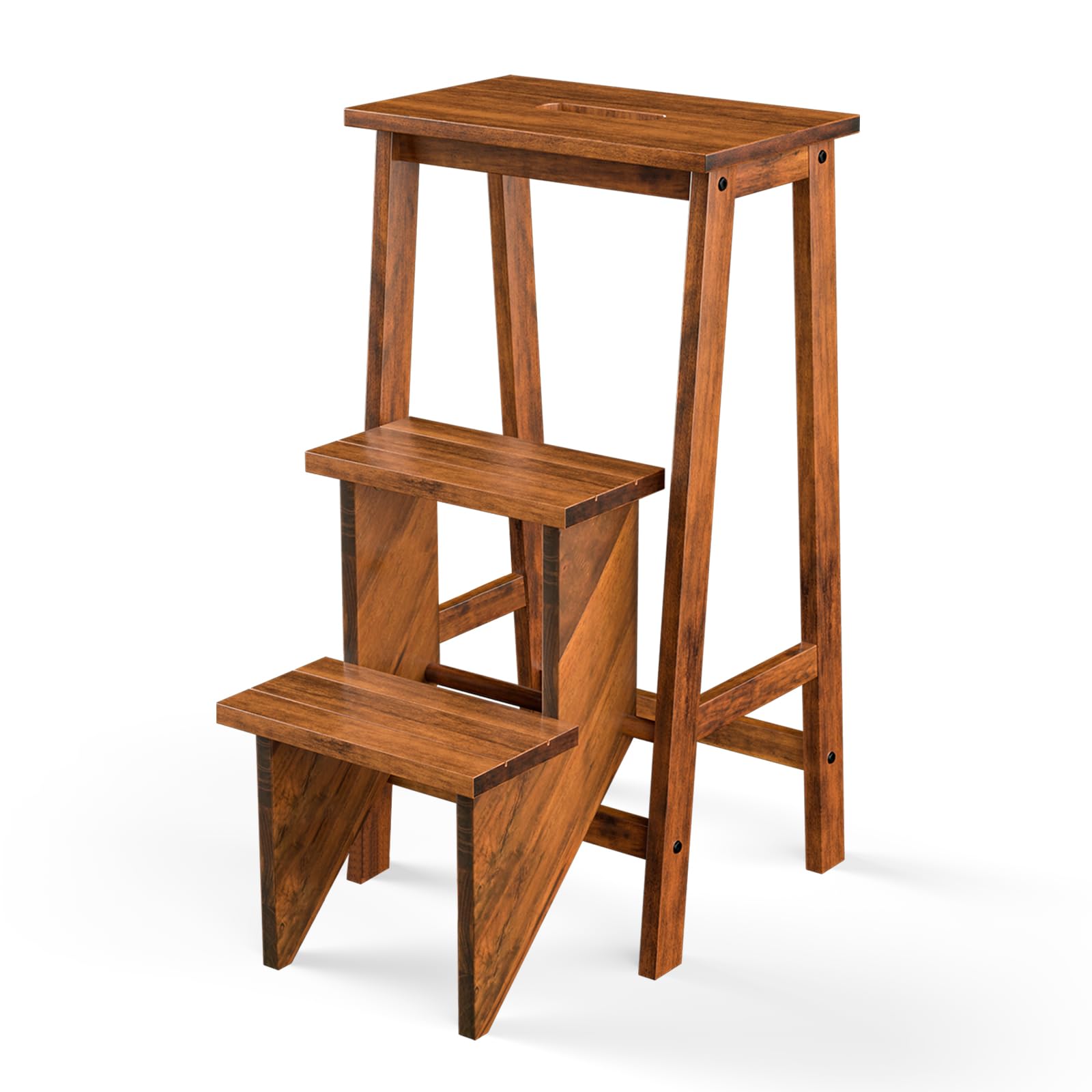 DORTALA 3 Tier Folding Step Stool, Rubber Wood Multifunctional Ladder Chair Bench, Portable Utility Seat, Flower Rack, 200 Lbs Capacity, Ideal for Library, Home (Brown)