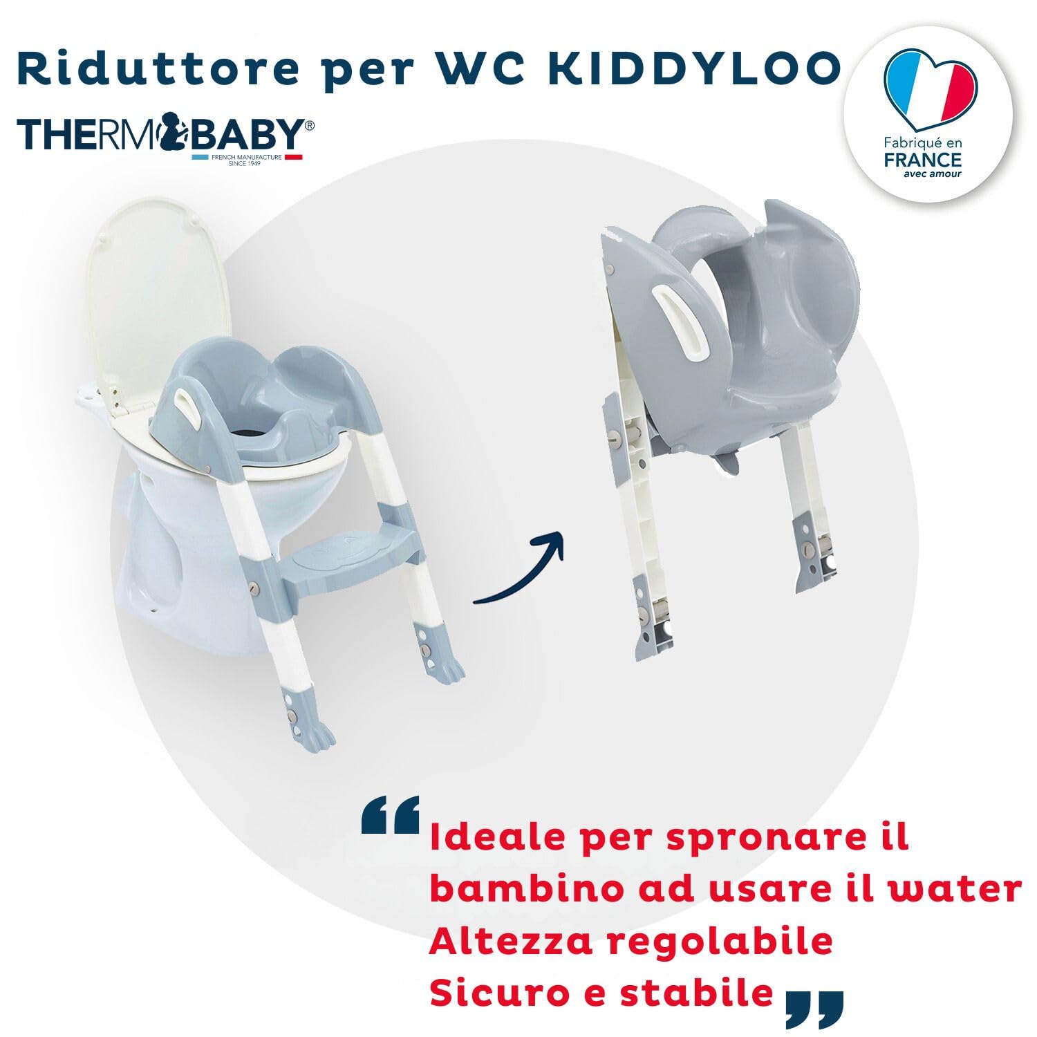 THERMOBABY - Reductor de inodoro para niño - Kiddyloo - Ingenioso, divertido & Higiénico - Pies ajustables - Peldaños antideslizantes - Plegable compacto - A partir de 18 meses - Made In France - Gris