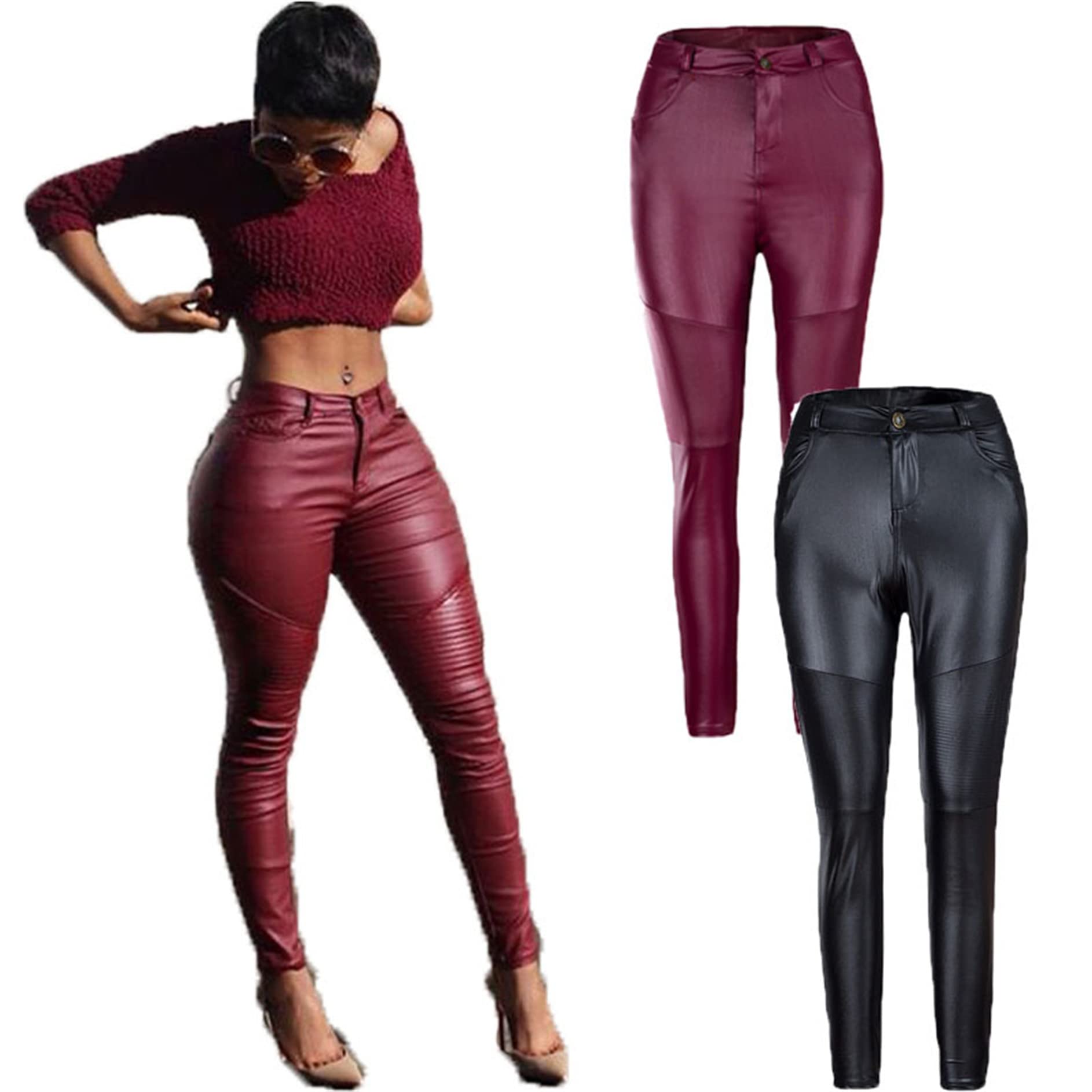 Damskie skórzane seksowne spodnie ze sztucznej skóry Push Up Legginsy Slim Fit Fałdy na kolanach Skórzane spodnie motocyklowe (wino-czerwone M)