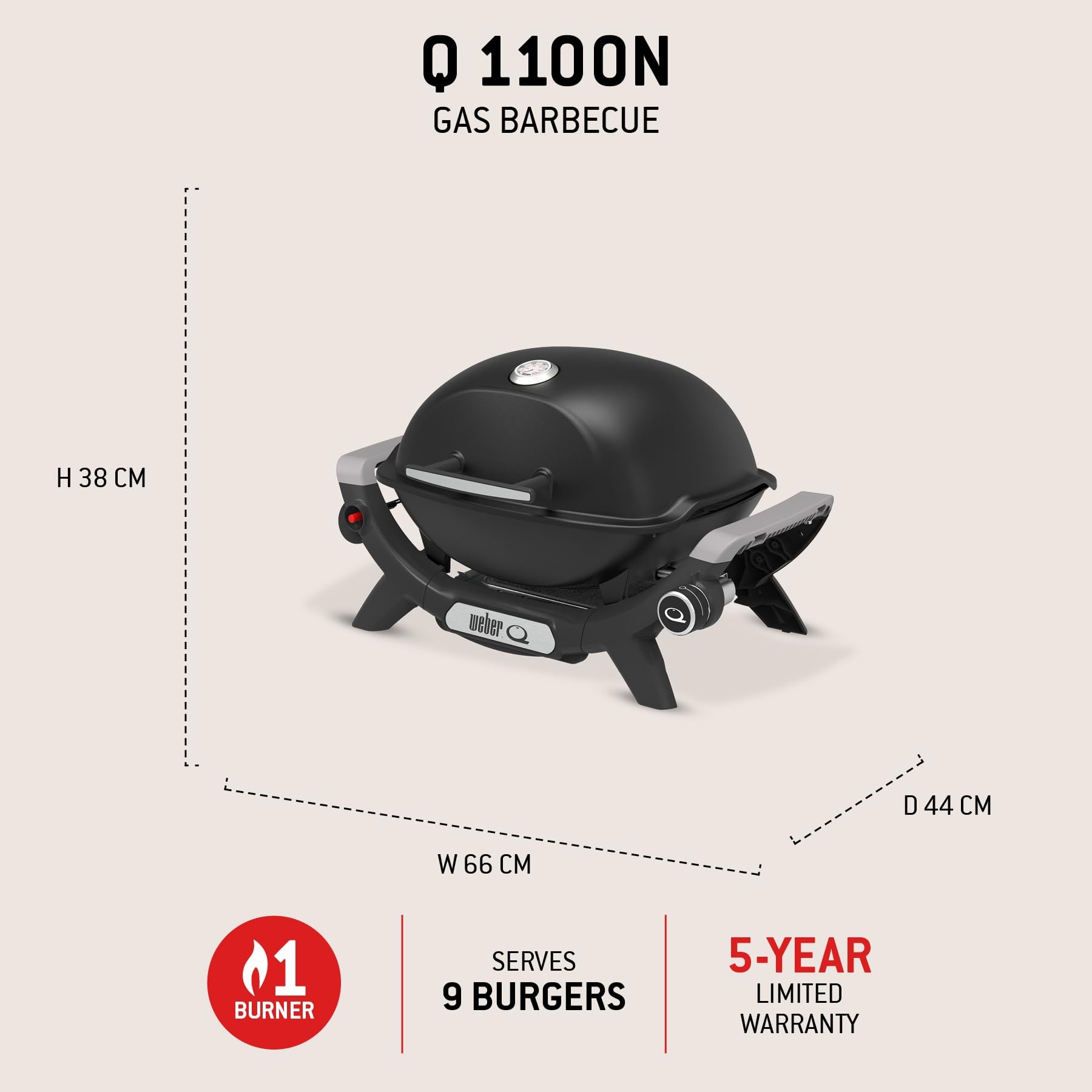 Weber Q 1100N – grill gazowy/przenośny grill na biwak, taras i balkon, wysokowydajny palnik, emaliowane porcelaną ruszty z żeliwa, elektroniczny zapłon, kolor Midnight Black