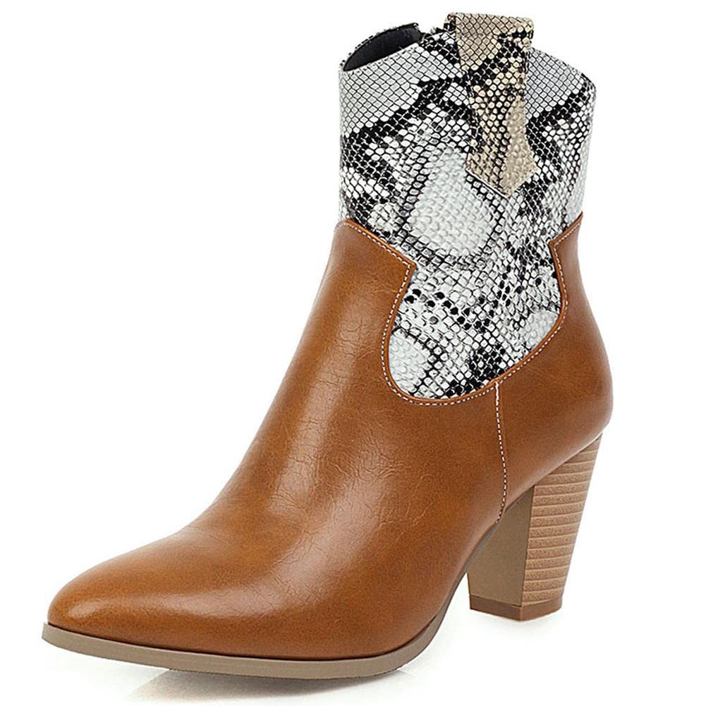 MDHANBK Women's Chelsea Boots Zipper Block Heels Western Boots Ladies Snake Printing Leather Female Shoes Big Size