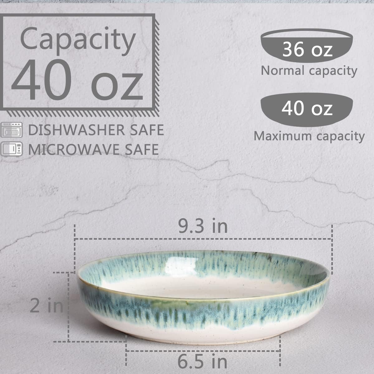 Bosmarlin Stoneware Large Pasta Bowls, 40 Oz, Set of 4, Big Salad Bowls, Microwave and Dishwasher Safe (Light Turquoise Green, 9.3 in) - Image 2