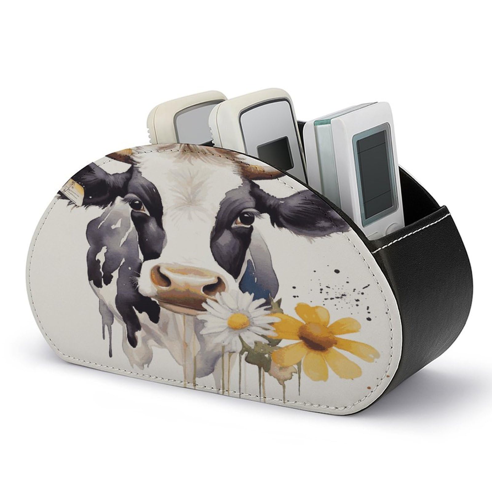 FekiLoot Watercolor Cow And Daisy Flower Remote Control Holder, PU Leather Remote Control Organizer Box Stationery Remote Control Box Desk Storage Organizer for DVDs,Glasses,Pens,Media Players