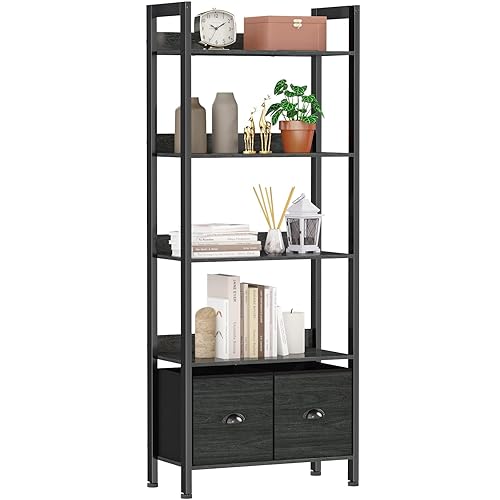 5-Tier Bookshelf, Tall Bookcase with 2 Storage Drawers, Industrial Display