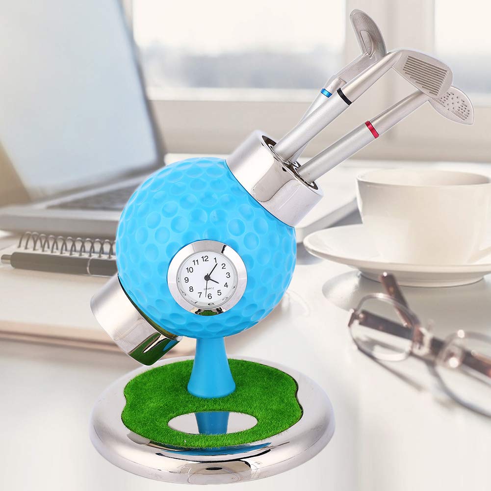 Stifthalter in Golfballform, Bleistiftvase, Desktop-Set mit Uhr und 3 Stiften für das Arbeitszimmer (Blau)