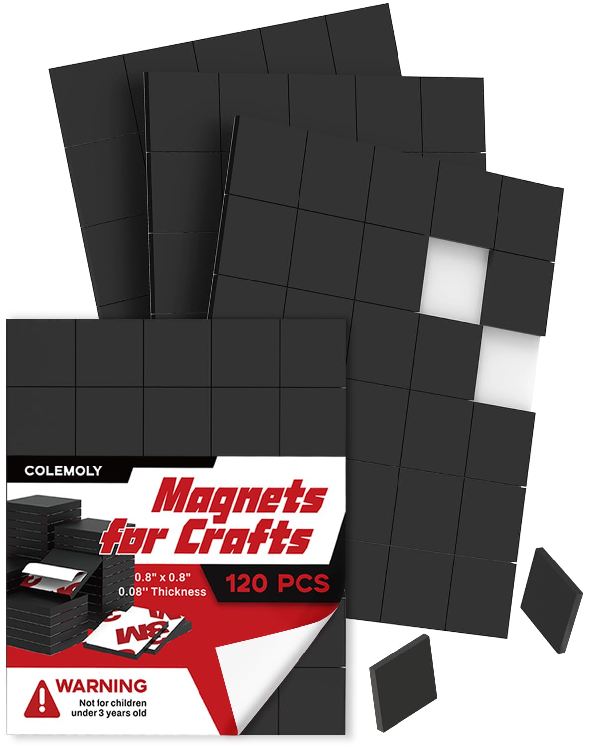 Colemoly Magnet Squares Self Adhesive, Magnetic with Adhesive Backing, Peel and Stick for Kitchen, School, Office, Classroom, 120 PCS (0.8’’ x 0.8’’ x 0.08’’)